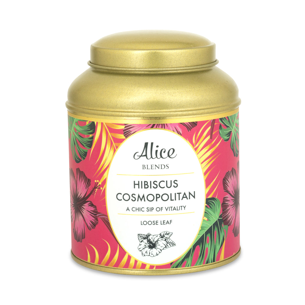 Hibiscus Cosmopolitan loose leaf herbal tea in gold tin with exotic pink floral label