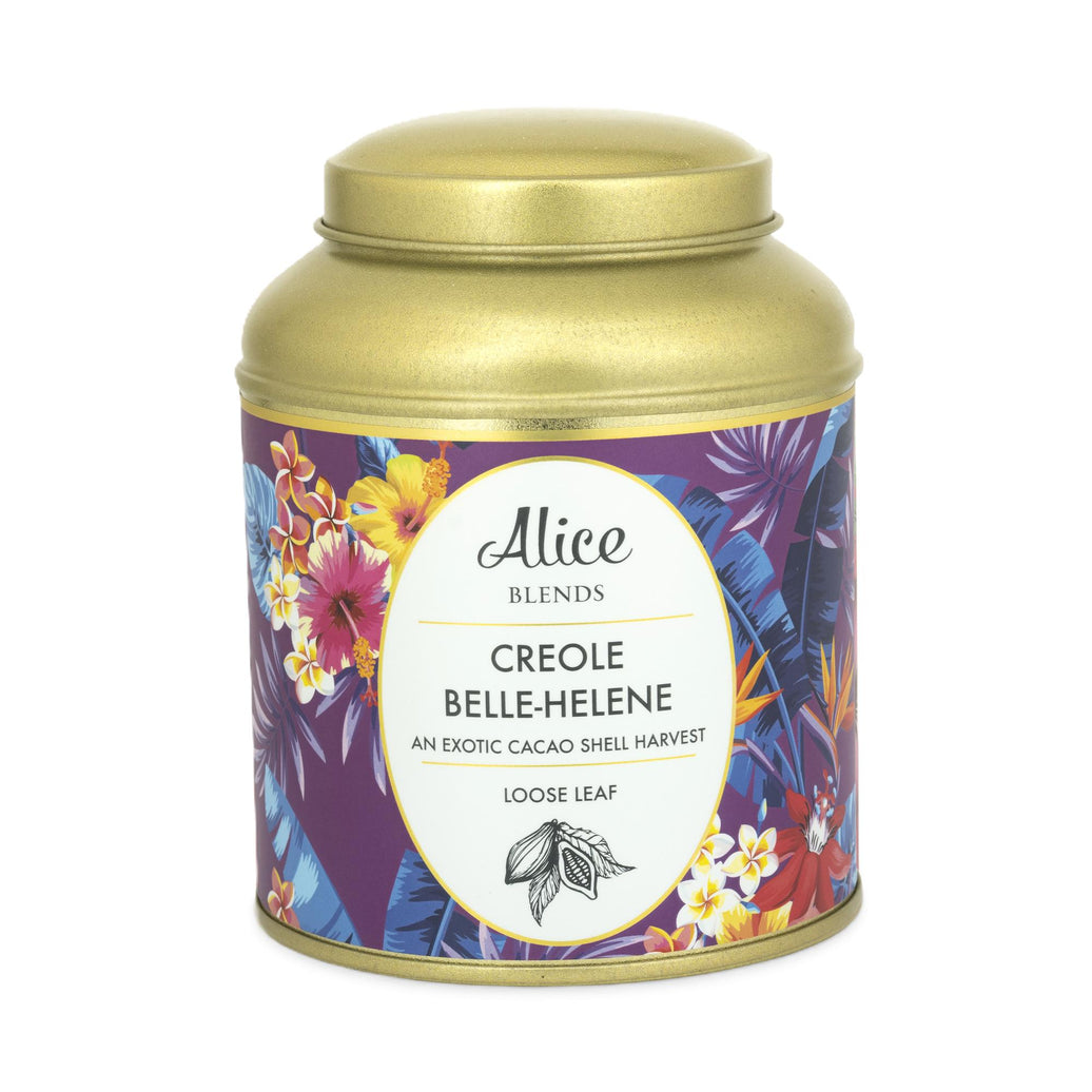 Creole Belle-Hélène loose leaf herbal tea in gold tin with exotic purple floral label