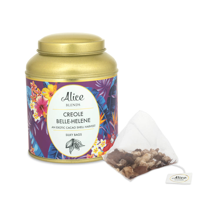 Creole Belle-Hélène herbal tea gold tin with purple floral label and silky tea bag.