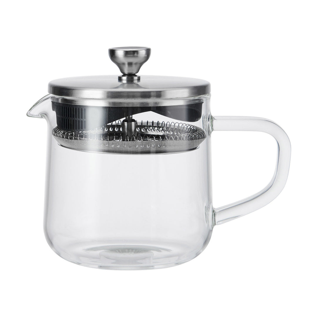 2-cup La Cafetière glass teapot with stainless steel infuser lid on white background.